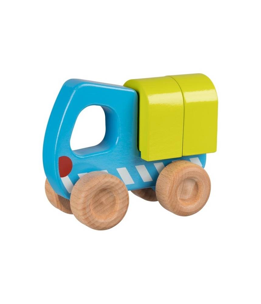 Camion en bois bleu et vert , véhicule de chantier - Goki